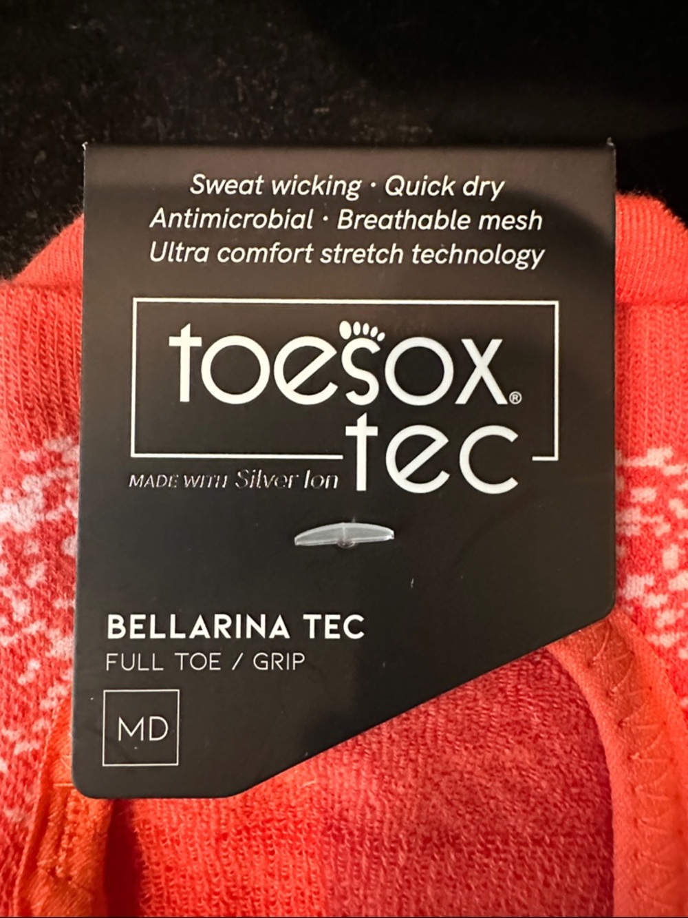 toesox tec Antimicrobial Five-Toe Grip Coral with White Pilates Socks